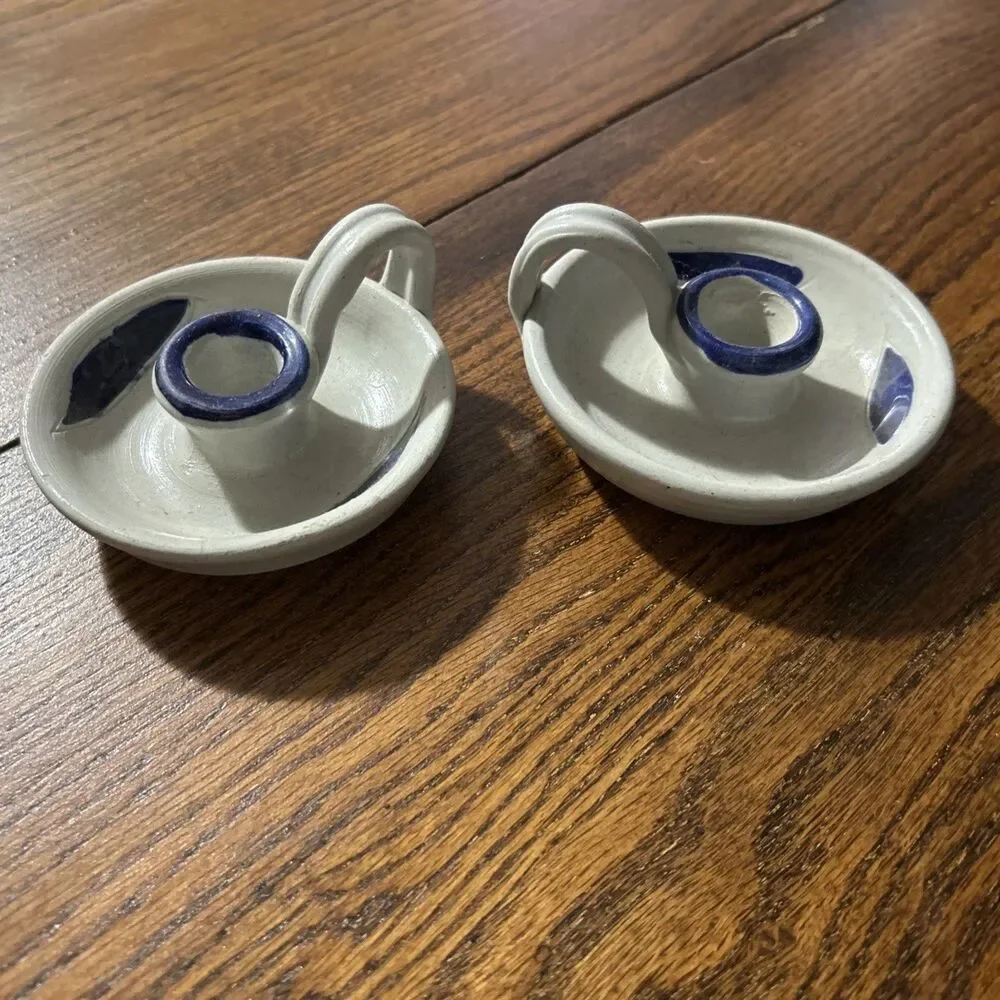 Pair Williamsburg Pottery Stoneware Chamberstick Candle Holders Gray Blue Potter